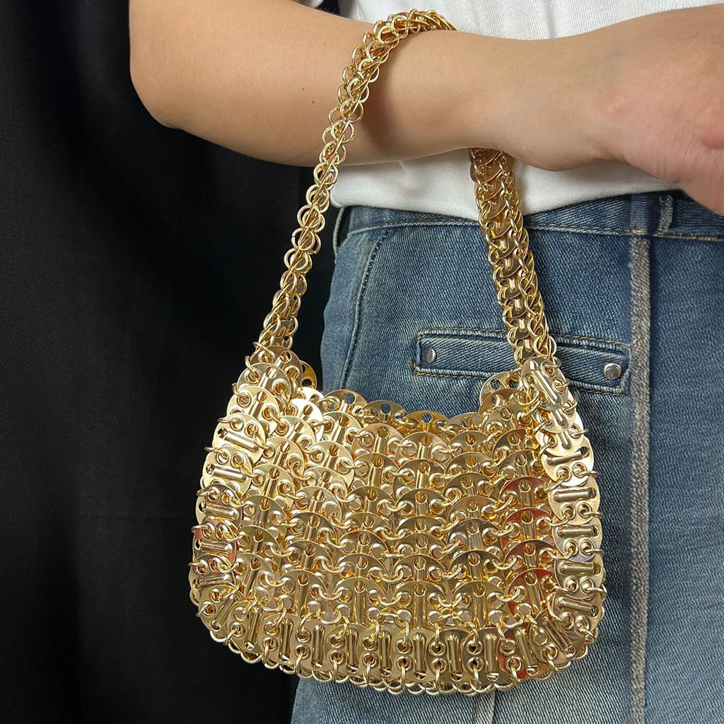 Retro Ins Metal Brilhante Lantejoulas Pequeno Quadrado Bolsa Frisada Tecelagem Jantar Festa Bolsa Rua Tendência Material de Ferro Travesseiro Macio...