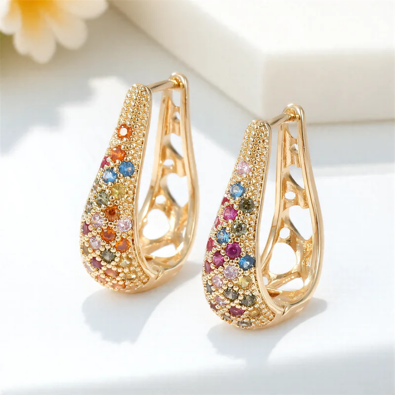 Brincos de argola redondos de cristal verde para mulheres, vintage, cor dourada, arco-íris, zircônia, fivela de orelha, joias de casamento, presente de dia das mães