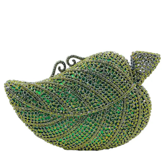 Boutique de fgg bolsas de embreagem de strass de folha verde para mulheres, bolsas formais de noite de cristal, minaudiere de festa de casamento