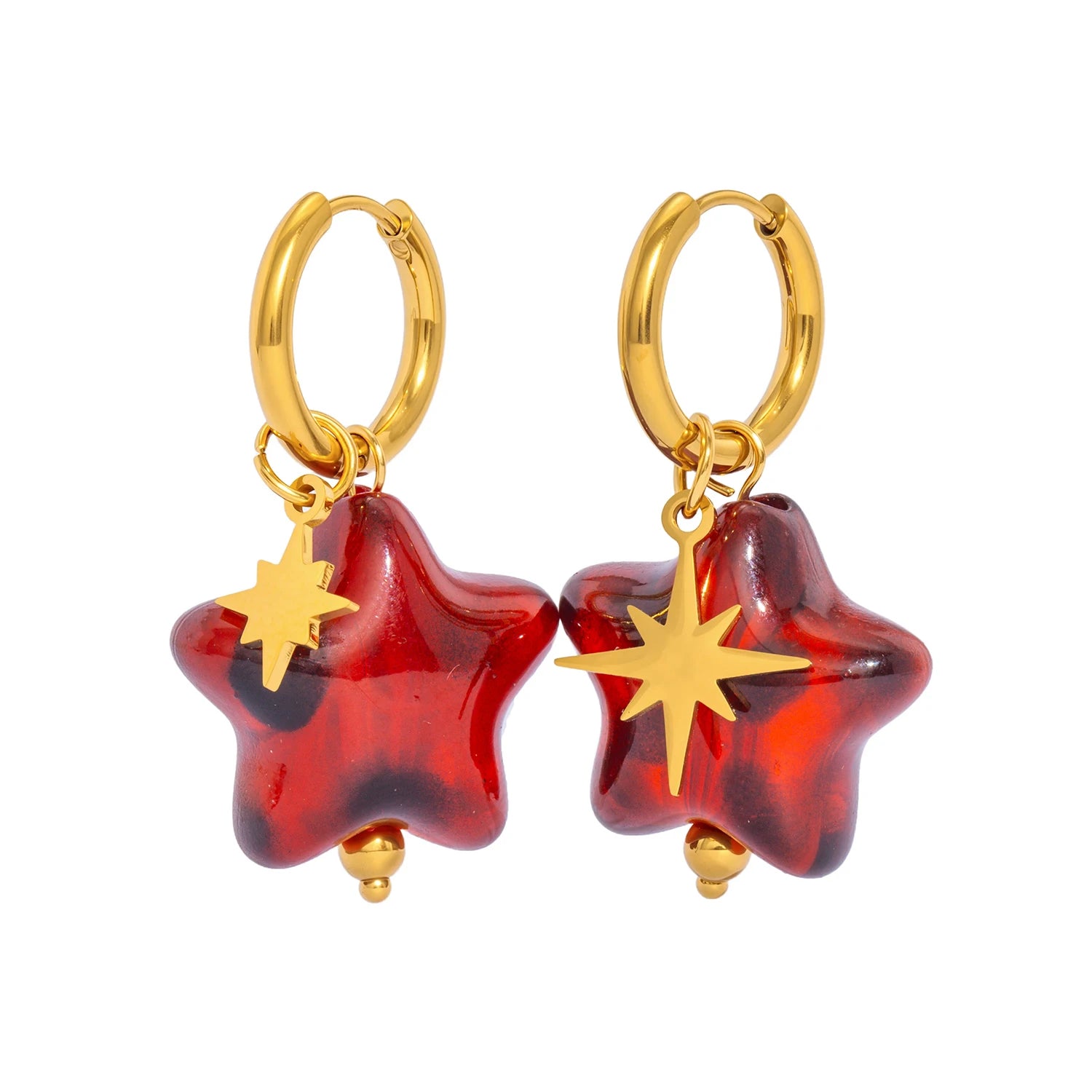 Novos brincos de estrela para mulheres, pingente pendurado de gota removível com aros huggie banhados a ouro 18K, aço inoxidável hipoalergênico