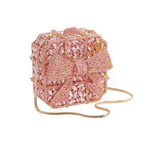 Caixa de presente com laço de borboleta incrustada com diamantes, bolsa quadrada pequena de mão com strass de alta qualidade, bolsa de ombro crossbody
