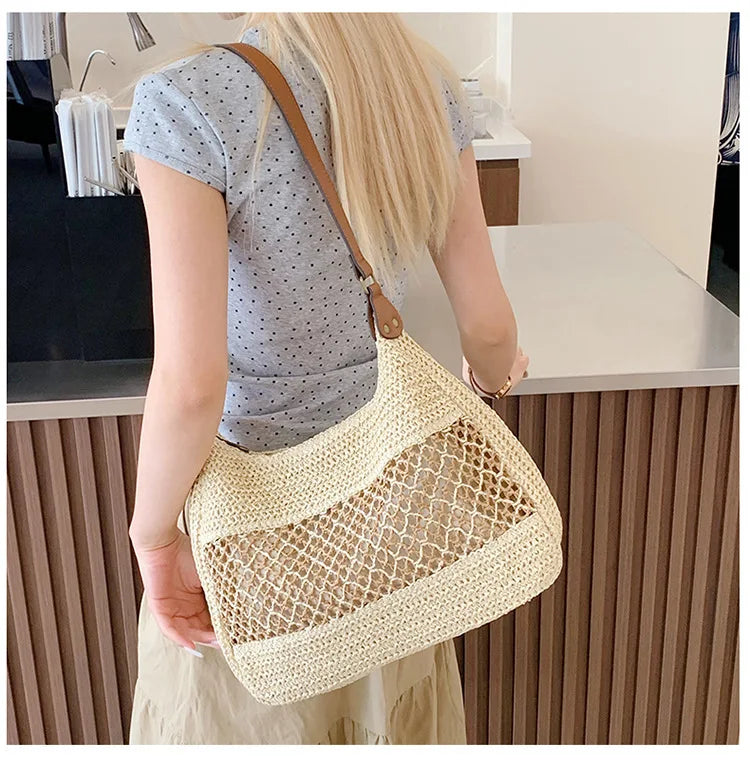 Moda oca grande capacidade casual bolsa de ombro feminina novo estilo verão urbano minimalista palha tecer sacola magnética...