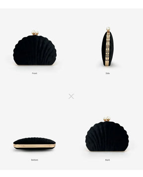 Bolsa de jantar de festa de veludo preto de concha premium Bolsa de embreagem com fecho de pérola Bolsa de casamento Bolsa crossbody Bolsa pequena feminina de veludo.