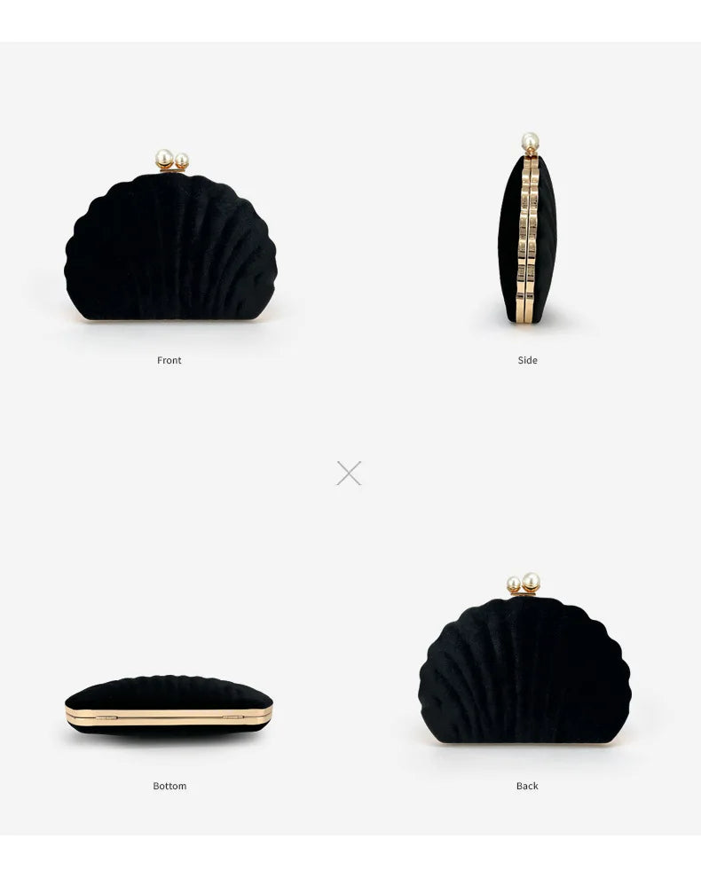 Bolsa de jantar de festa de veludo preto de concha premium Bolsa de embreagem com fecho de pérola Bolsa de casamento Bolsa crossbody Bolsa pequena feminina de veludo.