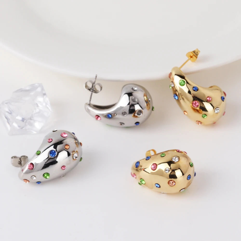 Brinco em forma de lágrima à prova d'água, contas embutidas, 18k, pvd, banhado a ouro, aço inoxidável, brincos de gota elegantes para mulheres