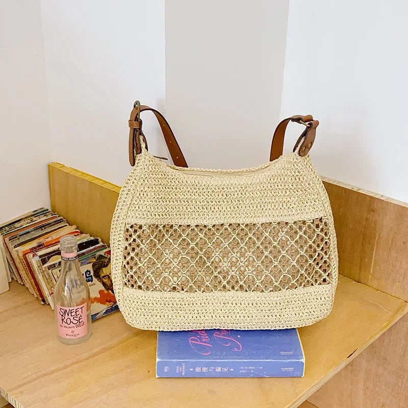 Moda oca grande capacidade casual bolsa de ombro feminina novo estilo verão urbano minimalista palha tecer sacola magnética...