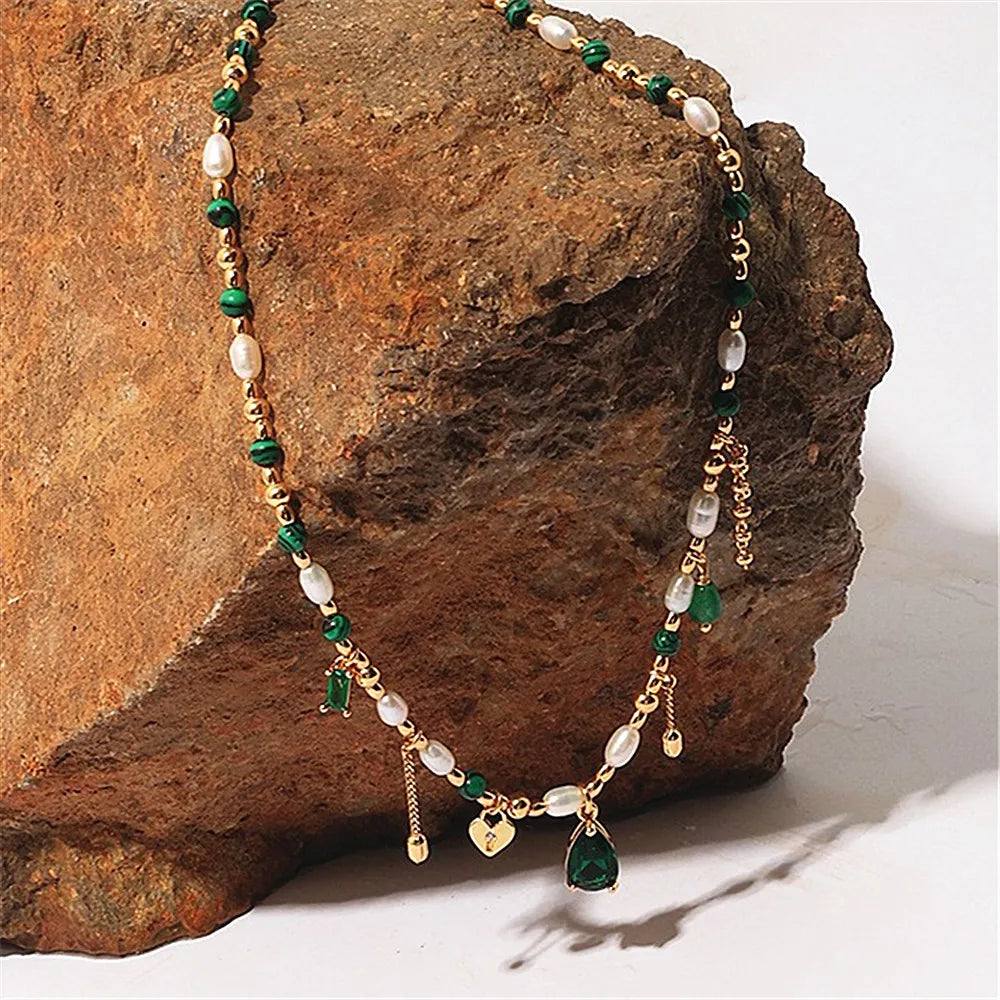 Natural verde malaquita pedra grânulos pérola borla colar para mulher clavícula corrente zircão pingente elegante charme festa jóias