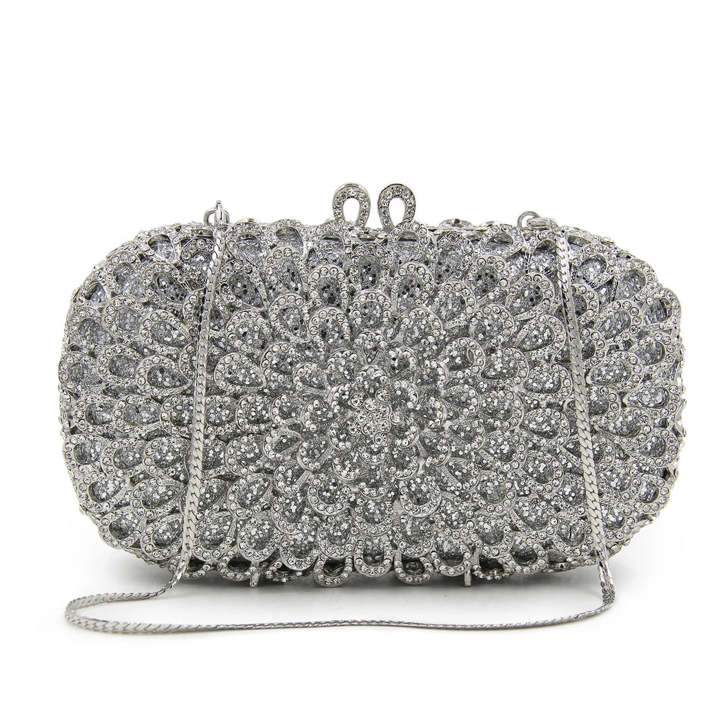 Strass vazio metal cristal jantar diamante bolsa de embreagem feminina mini crossbody com corrente de strass floral frisado sacola