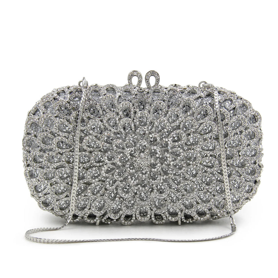 Strass vazio metal cristal jantar diamante bolsa de embreagem feminina mini crossbody com corrente de strass floral frisado sacola