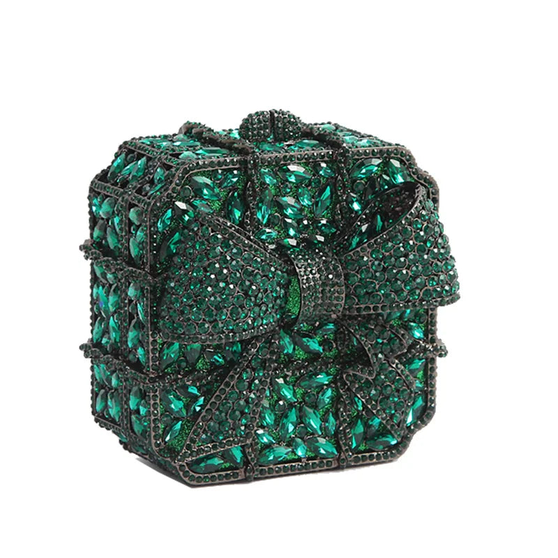 Caixa de presente com laço de borboleta incrustada com diamantes, bolsa quadrada pequena de mão com strass de alta qualidade, bolsa de ombro crossbody