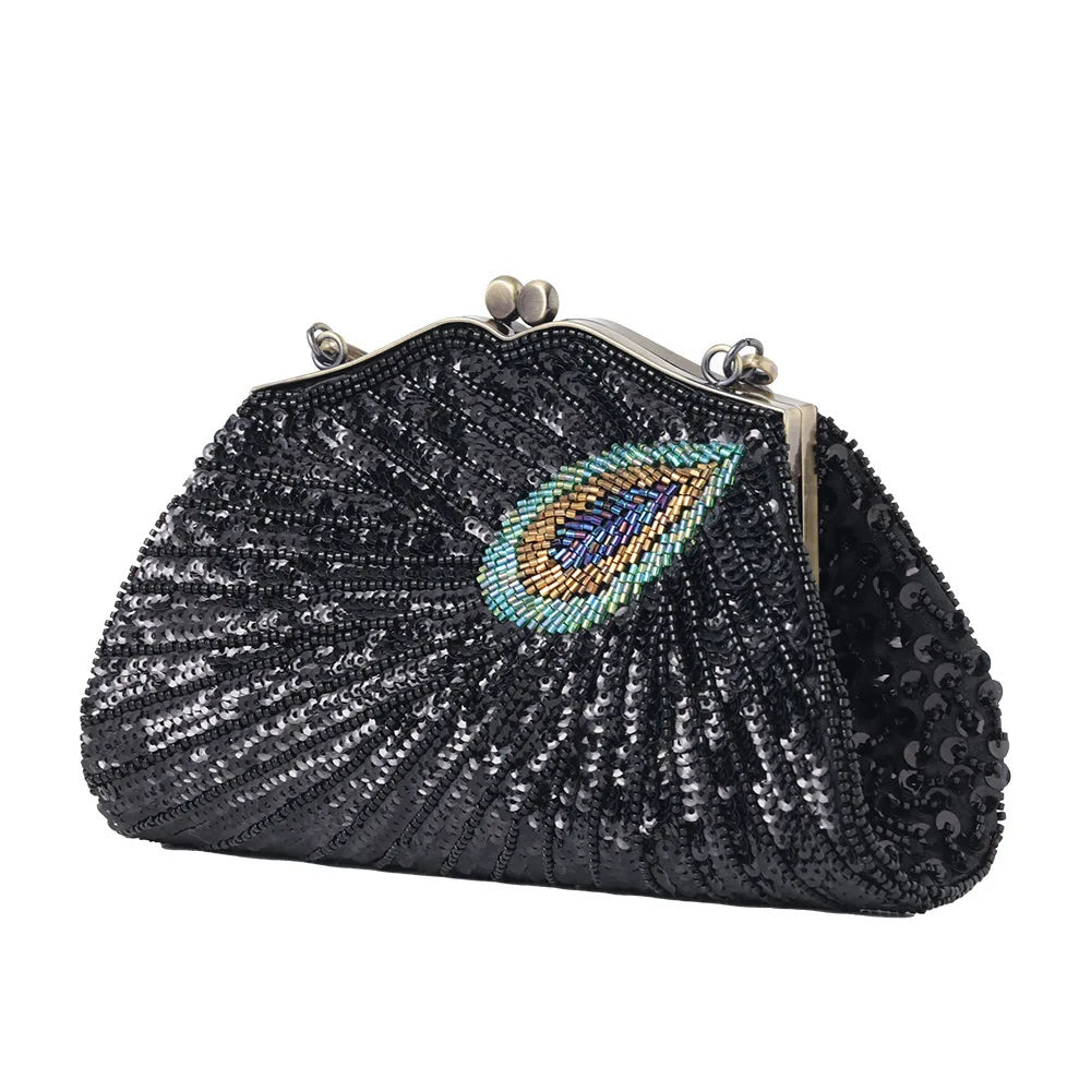 Bolsa retrô crossbody com miçangas brilhantes, para noite, cheongsam, bolsa de nuvem de poliéster macio, formato de zíper, fivela, fechamento, combinação diária