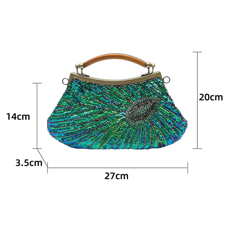 Bolsa luxuosa de lantejoulas com penas de pavão, feita à mão, retrô, cheongsam, bolsa de jantar, bolsa de mão com contas para vestido de casamento, jantar