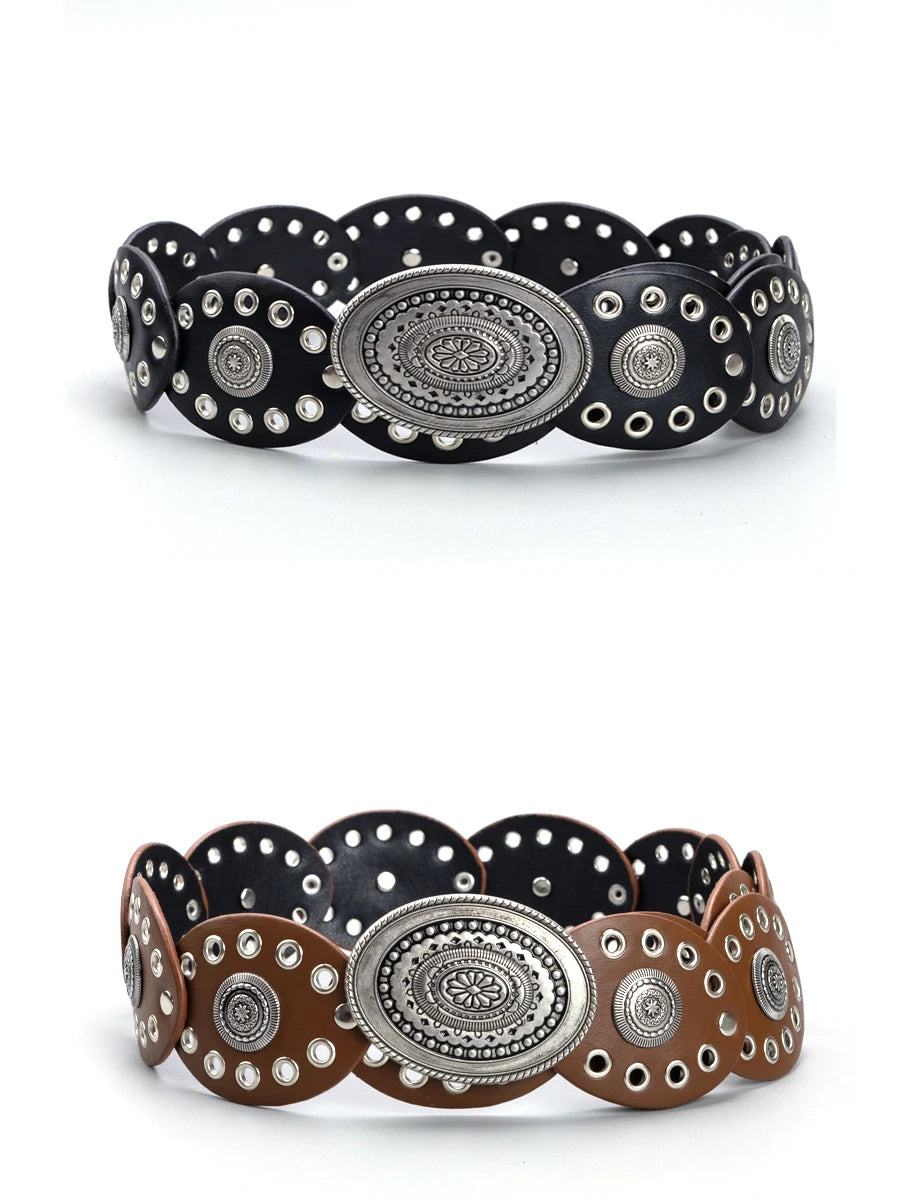 Cowgirl cowboy oco oval pu ilhópunk desempenho cintos femininos cintura retro decorar acessório cinto em roupas coa
