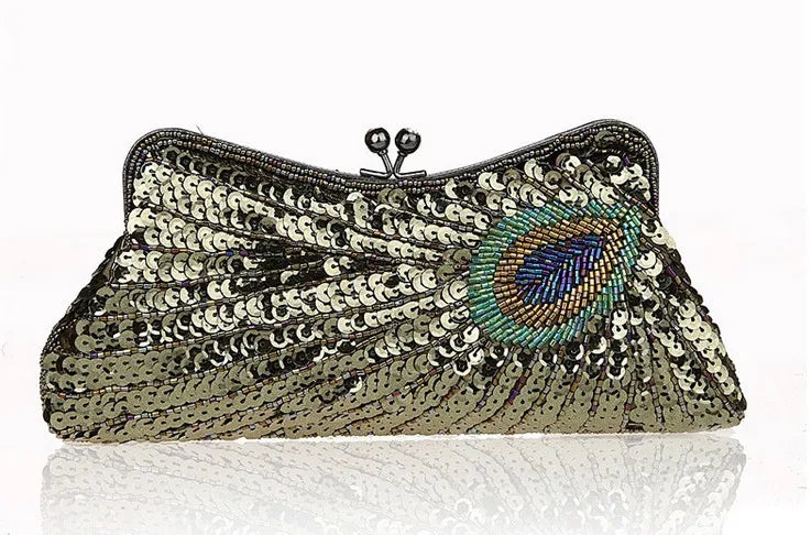 Moda fina pavão lantejoulas jantar sacos de noite para mulheres retro na moda champanhe azul corrente bolsa ombro crossbody festa bolsa