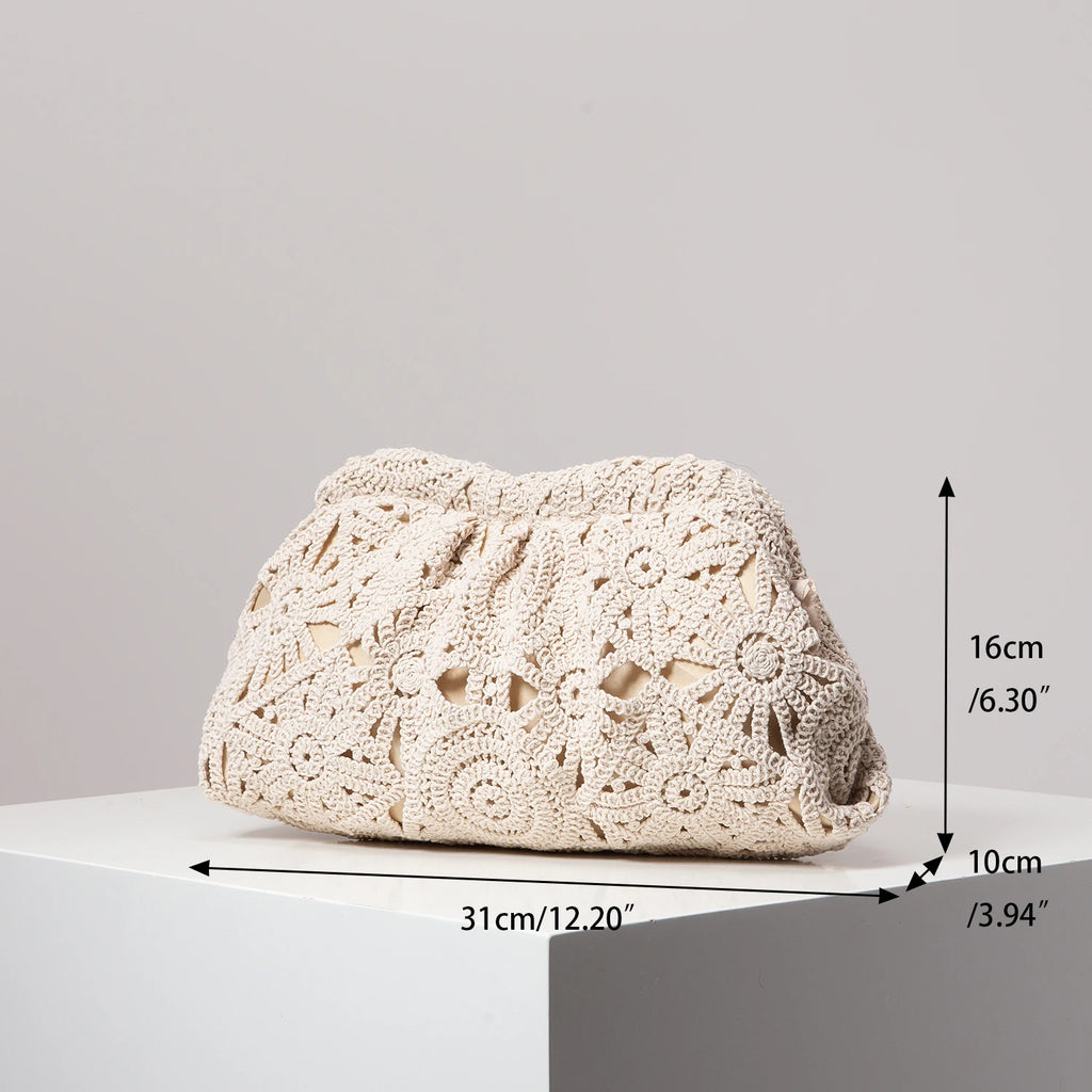 Bolsa de mão de tecido oco estampado, bolsa simples e versátil, bolsa de praia boêmia, carteira de palha casual de férias, bolsa elegante para festa à noite (las padrões são aleatórios)