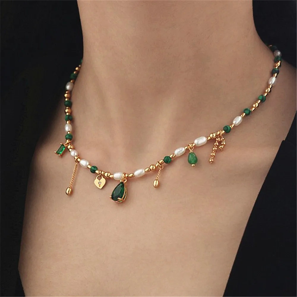 Natural verde malaquita pedra grânulos pérola borla colar para mulher clavícula corrente zircão pingente elegante charme festa jóias