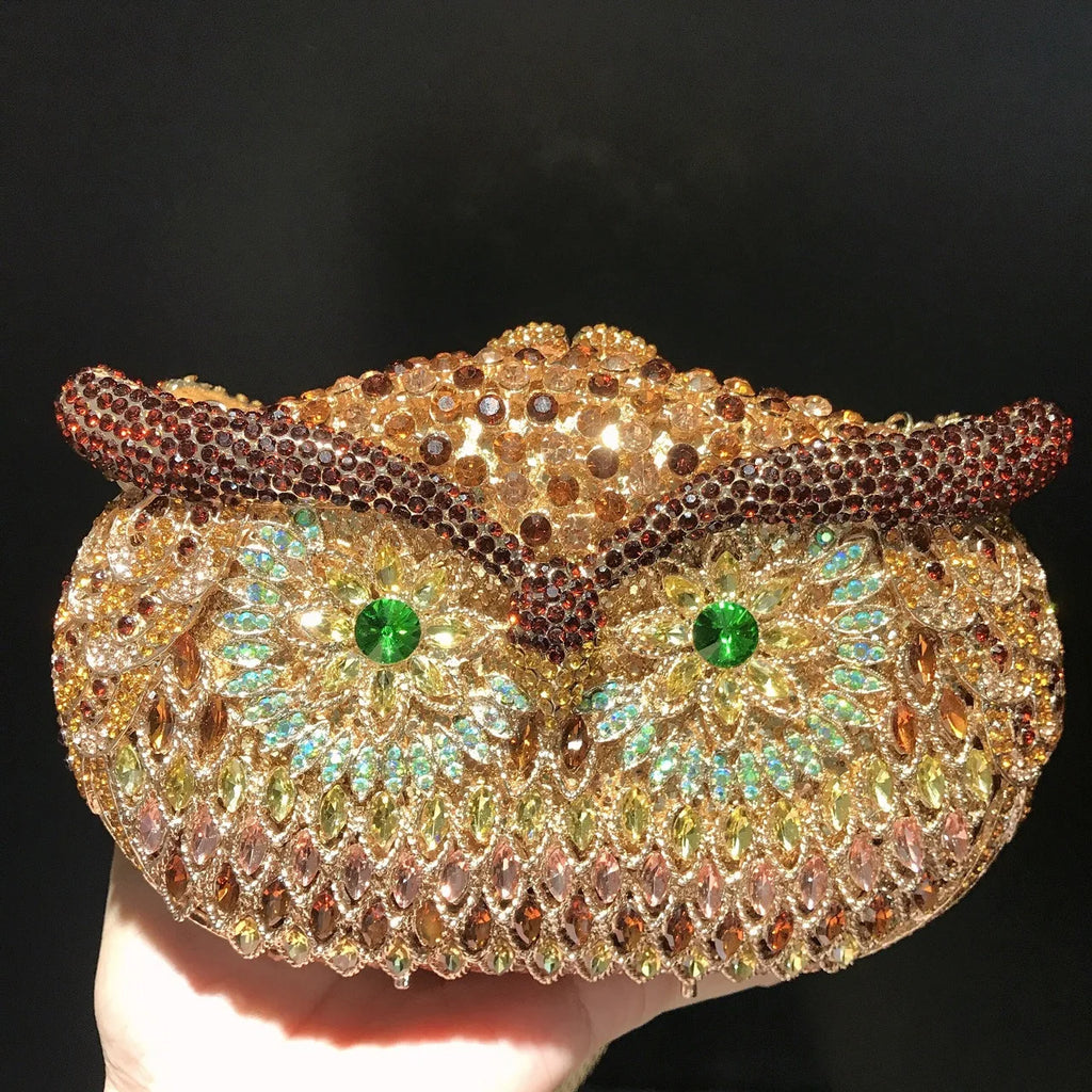 Bolsa de mão de noite em formato de coruja, multicolorida, grande, strass, bolsa de festa feminina, bolsa de baile, mini minaudiere