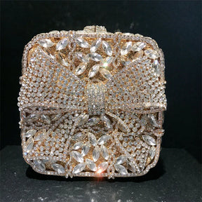 Caixa de presente com laço de borboleta incrustada com diamantes, bolsa quadrada pequena de mão com strass de alta qualidade, bolsa de ombro crossbody