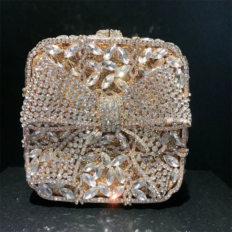 Caixa de presente com laço de borboleta incrustada com diamantes, bolsa quadrada pequena de mão com strass de alta qualidade, bolsa de ombro crossbody