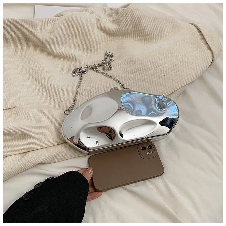 Acrílico Shell Forma Embreagem para Senhoras, Bolsa de Metal Brilhante, Ouro, Prata, Ovo Azul, Bolsa para Festa, Bolsas de Designer Bonitas, Bolsa Presente, Novo