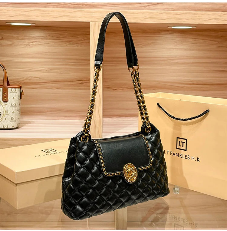 Bolsa de couro genuíno para mulheres, grande capacidade, bolsa de ombro axilas, nova marca de luxo, 2024