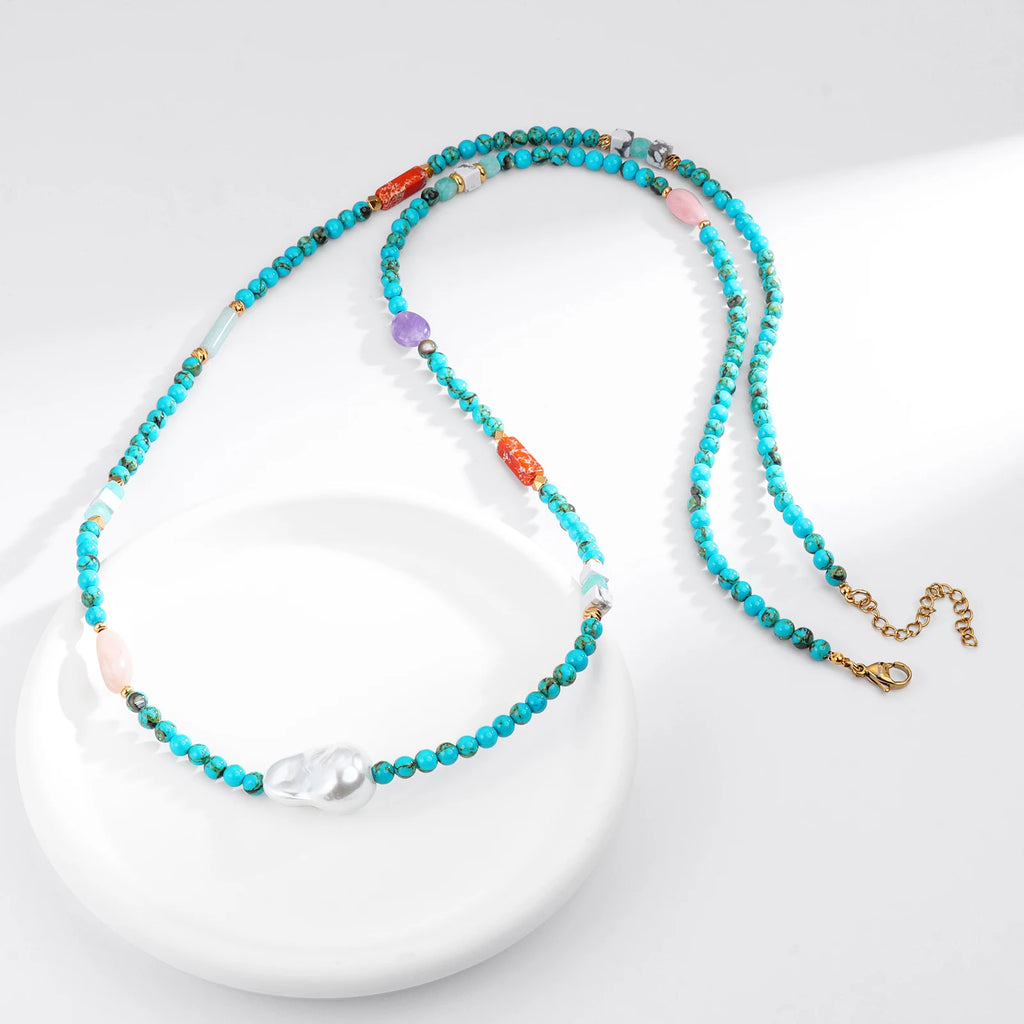 Gargantilha de pérolas e turquesa natural para mulheres, colar com pérolas, moda feminina, acessórios de jóias para pescoço, presentes