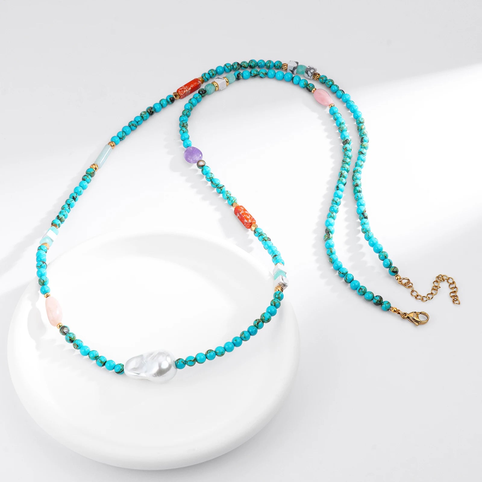 Gargantilha de pérolas e turquesa natural para mulheres, colar com pérolas, moda feminina, acessórios de jóias para pescoço, presentes