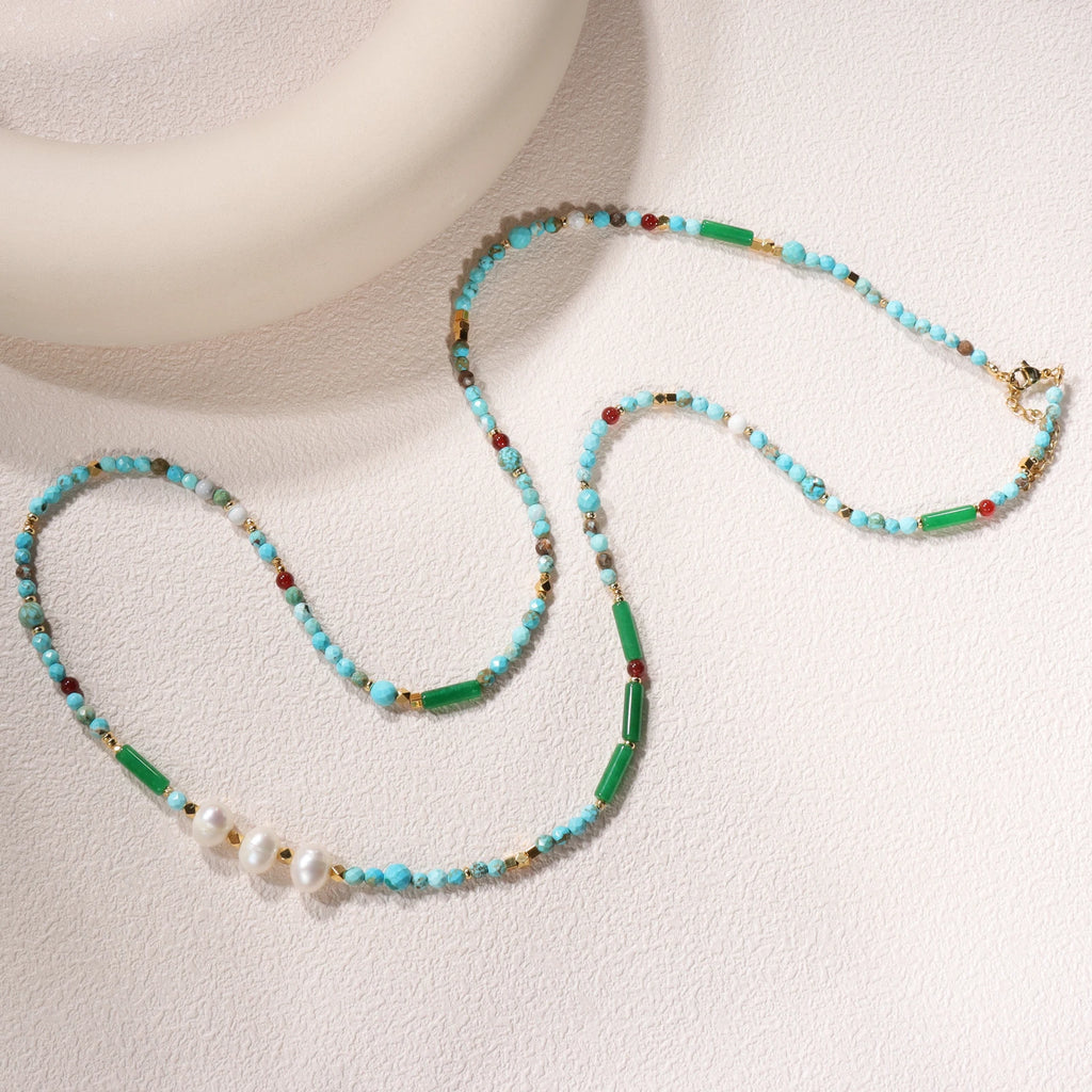 Gargantilha de pérolas e turquesa natural para mulheres, colar com pérolas, moda feminina, acessórios de jóias para pescoço, presentes