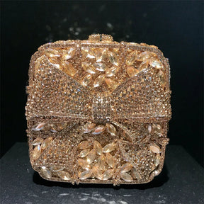 Caixa de presente com laço de borboleta incrustada com diamantes, bolsa quadrada pequena de mão com strass de alta qualidade, bolsa de ombro crossbody