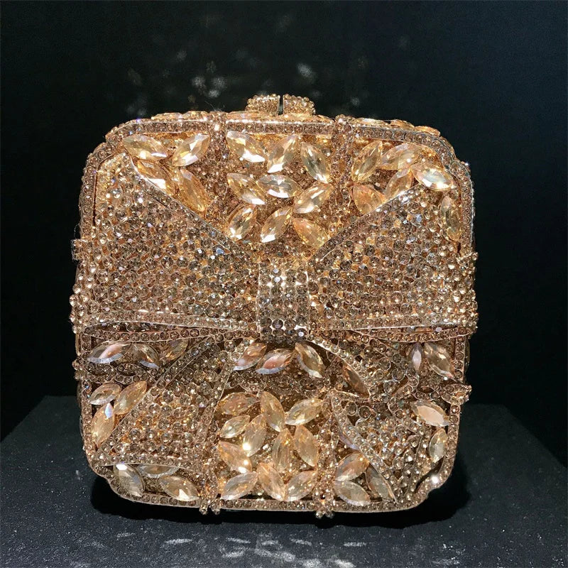 Caixa de presente com laço de borboleta incrustada com diamantes, bolsa quadrada pequena de mão com strass de alta qualidade, bolsa de ombro crossbody
