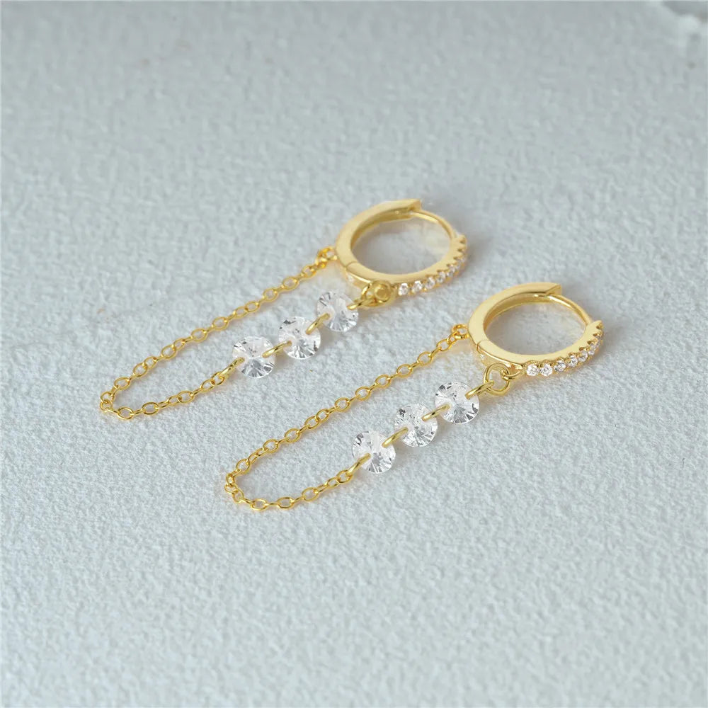 Aide 925 prata esterlina três zircão gota longa corrente ouro hoop fivela piercing brincos para mulheres casual jóias festa presente