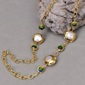 Colar longo de vidro de quartzo Murano azul pérola branca cultivada em água doce G-G