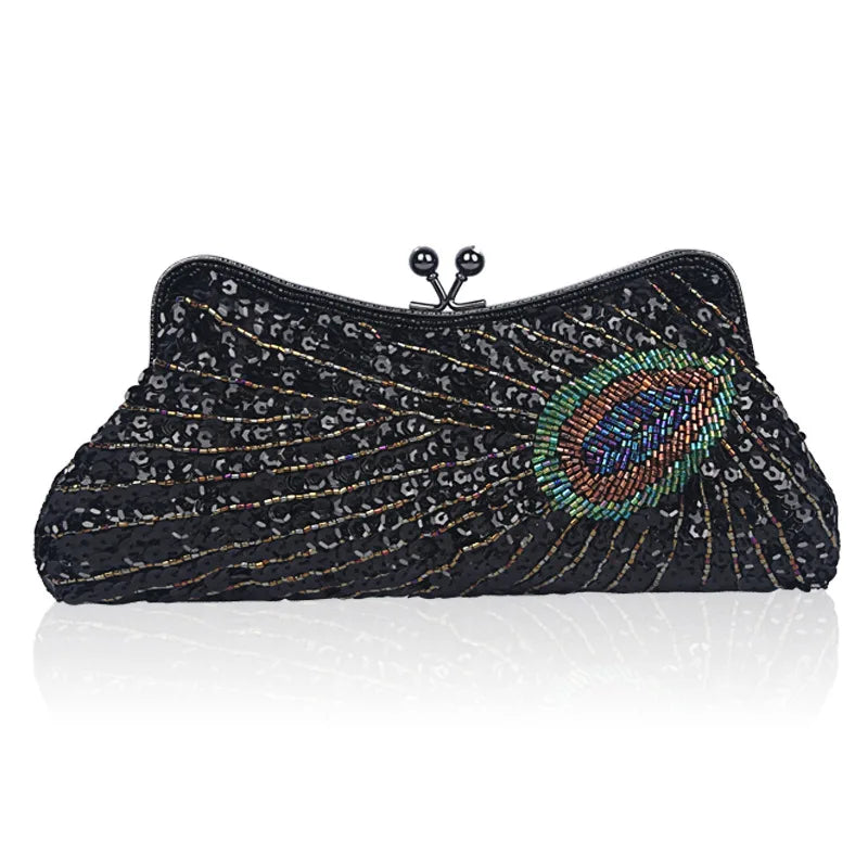 Moda fina pavão lantejoulas jantar sacos de noite para mulheres retro na moda champanhe azul corrente bolsa ombro crossbody festa bolsa