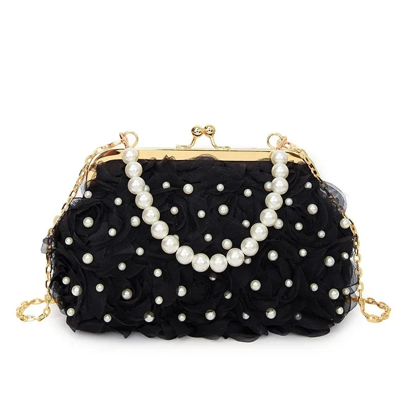 Doce estilo pérola corrente noite saco de embreagem malha macia renda dobrado bainha versão coreana bolsa crossbody para mulher