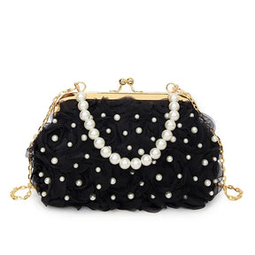 Doce estilo pérola corrente noite saco de embreagem malha macia renda dobrado bainha versão coreana bolsa crossbody para mulher