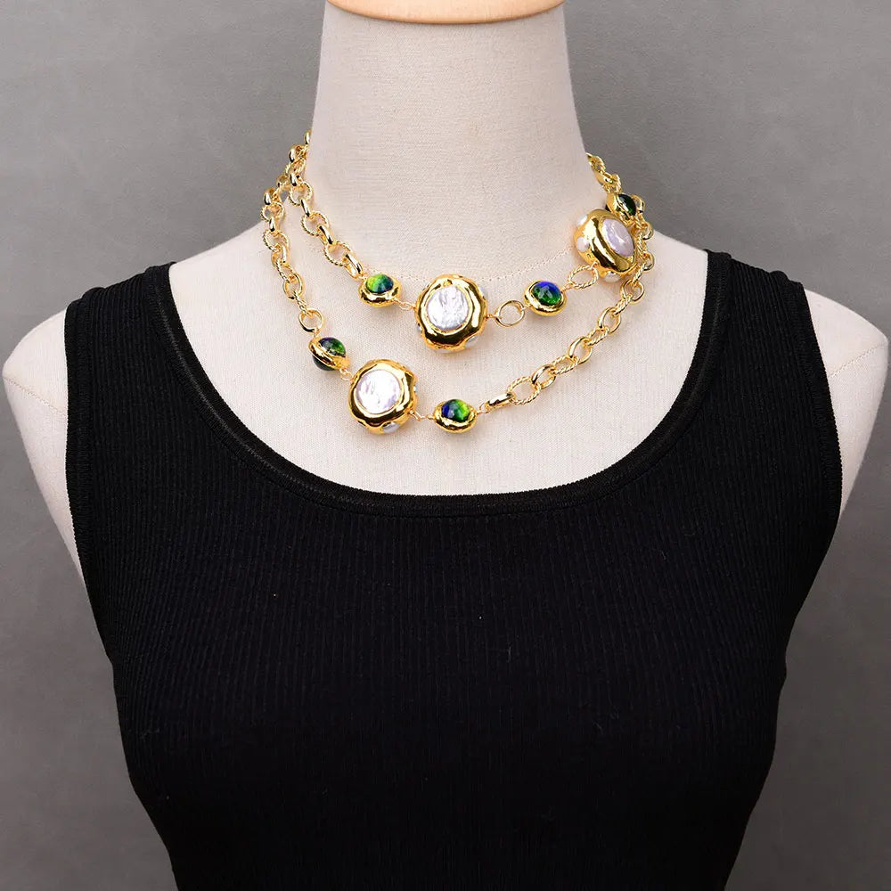 Colar longo de vidro de quartzo Murano azul pérola branca cultivada em água doce G-G