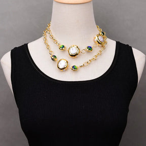 Colar longo de vidro de quartzo Murano azul pérola branca cultivada em água doce G-G