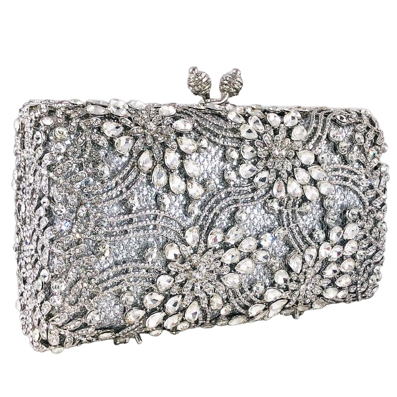 Boutique de fgg mulheres flor sacos de noite prata cristal embreagem bolsas nupcial festa casamento strass minaudiere bolsas
