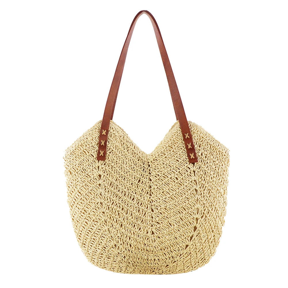 Bolsa de palha de verão tecida à mão para mulheres elegante bolsa de férias de praia bolsa de ombro de grande capacidade