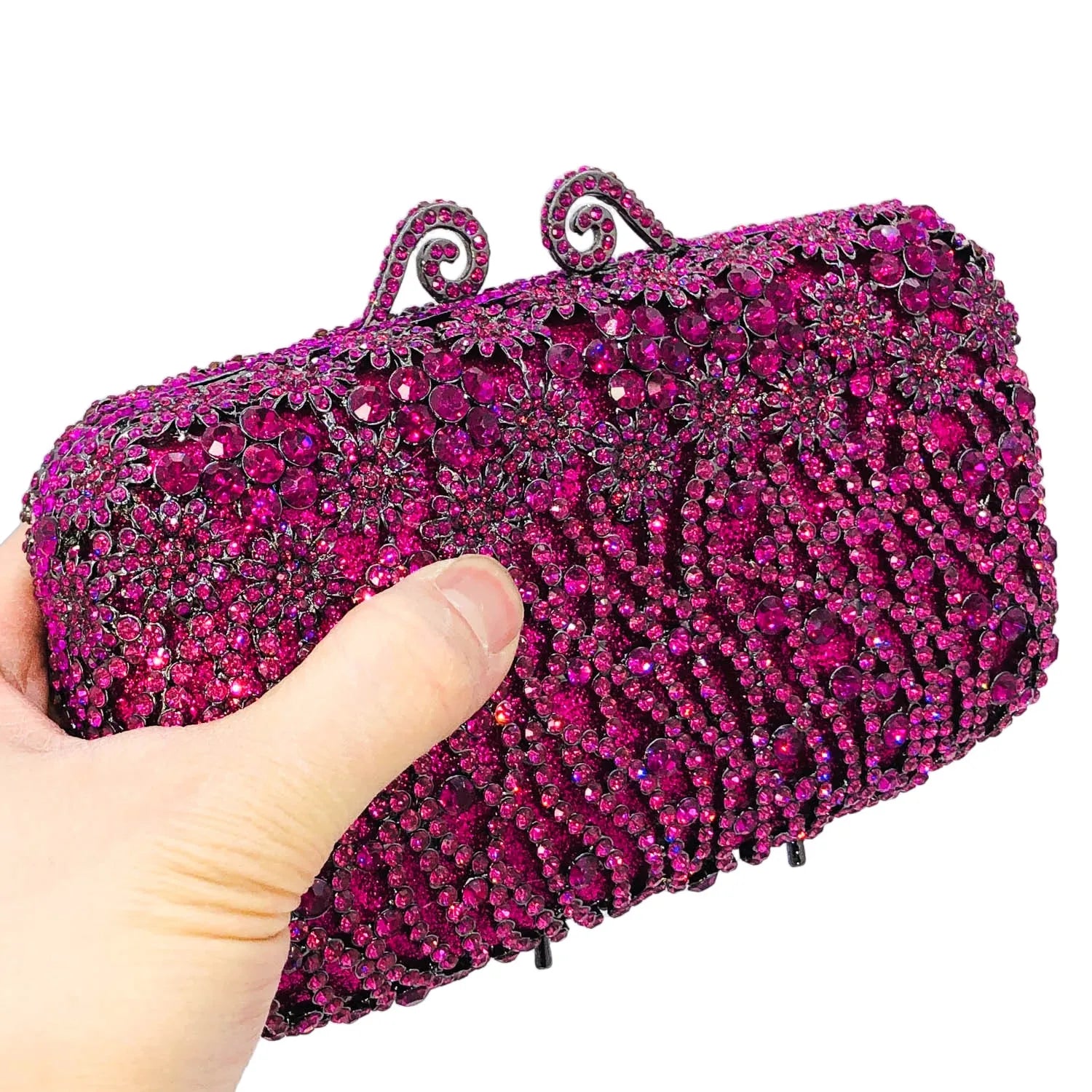 Boutique de fgg brilhante magenta strass bolsas de embreagem para mulheres elegantes, sacos de embreagem de noite formais, bolsa de embreagem de flor de noiva