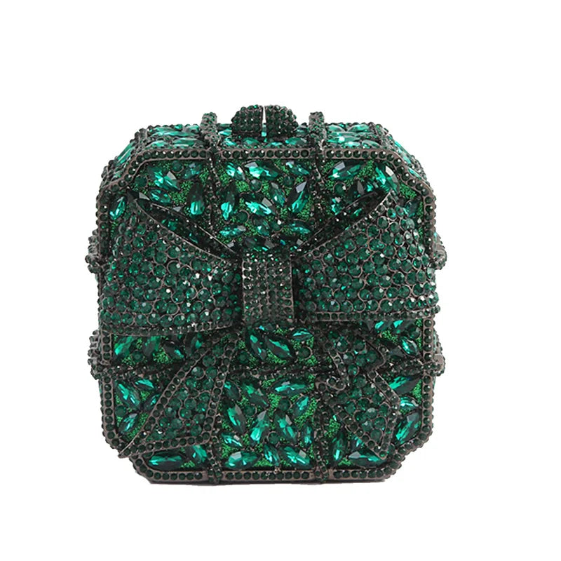 Caixa de presente com laço de borboleta incrustada com diamantes, bolsa quadrada pequena de mão com strass de alta qualidade, bolsa de ombro crossbody