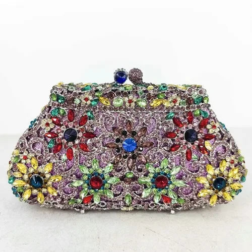Flor coroa prata cristal embreagem para mulheres, bolsa de noite, saco de baile, embreagens nupciais, bolsa de casamento, boutique de fgg, em estoque
