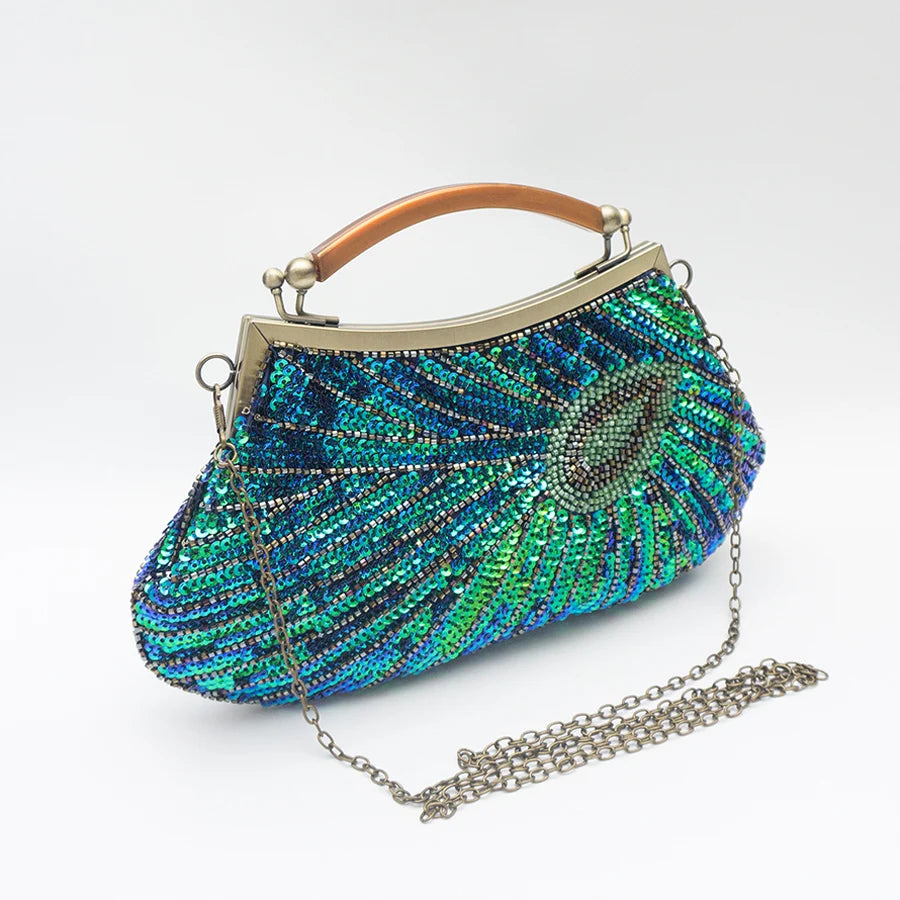 Bolsa luxuosa de lantejoulas com penas de pavão, feita à mão, retrô, cheongsam, bolsa de jantar, bolsa de mão com contas para vestido de casamento, jantar