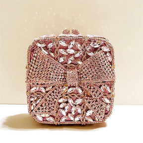 Caixa de presente com laço de borboleta incrustada com diamantes, bolsa quadrada pequena de mão com strass de alta qualidade, bolsa de ombro crossbody