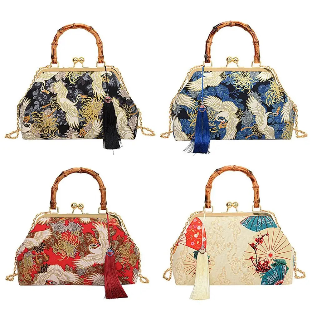 Bolsa de mão de noite com alça de rattan, guindaste coroado vermelho, estampa de borla, corrente, bolsa de ombro, bolsa crossbody para mulheres, noiva, casamento