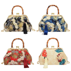 Bolsa de mão de noite com alça de rattan, guindaste coroado vermelho, estampa de borla, corrente, bolsa de ombro, bolsa crossbody para mulheres, noiva, casamento