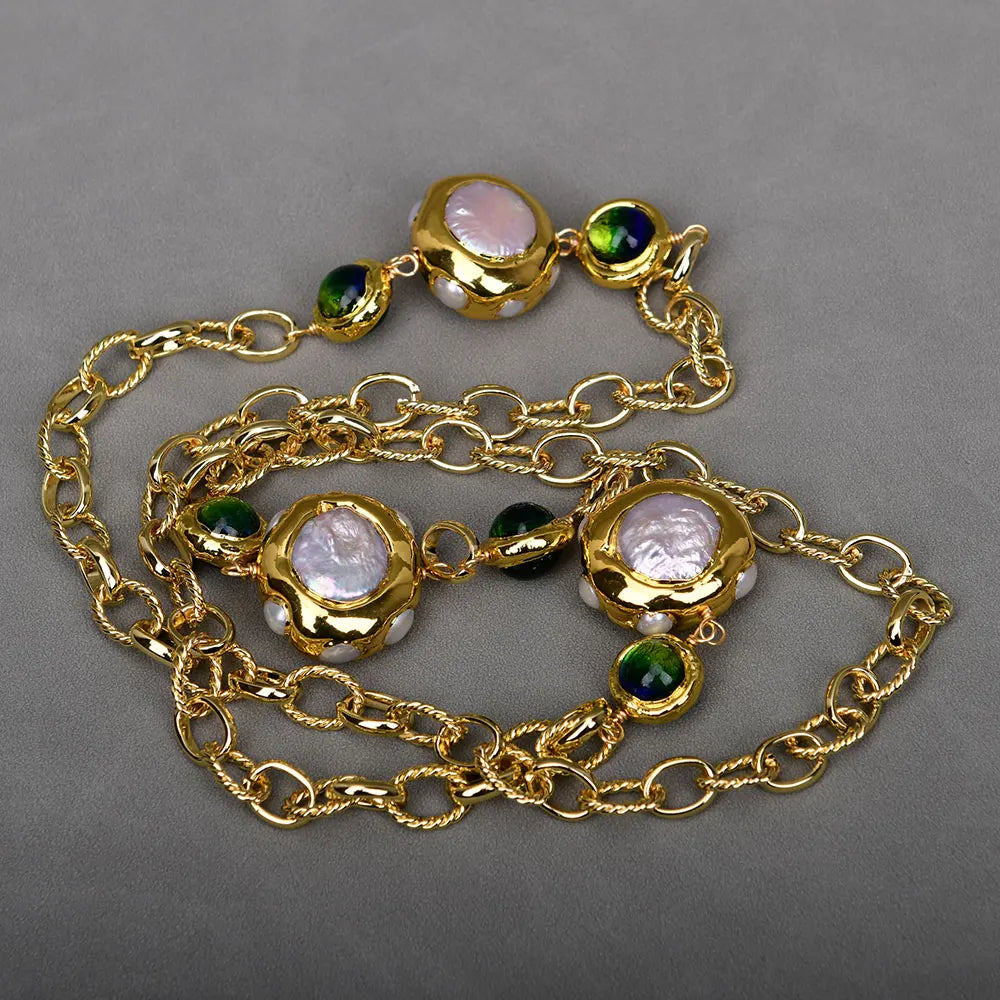 Colar longo de vidro de quartzo Murano azul pérola branca cultivada em água doce G-G