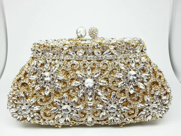 Flor coroa prata cristal embreagem para mulheres, bolsa de noite, saco de baile, embreagens nupciais, bolsa de casamento, boutique de fgg, em estoque