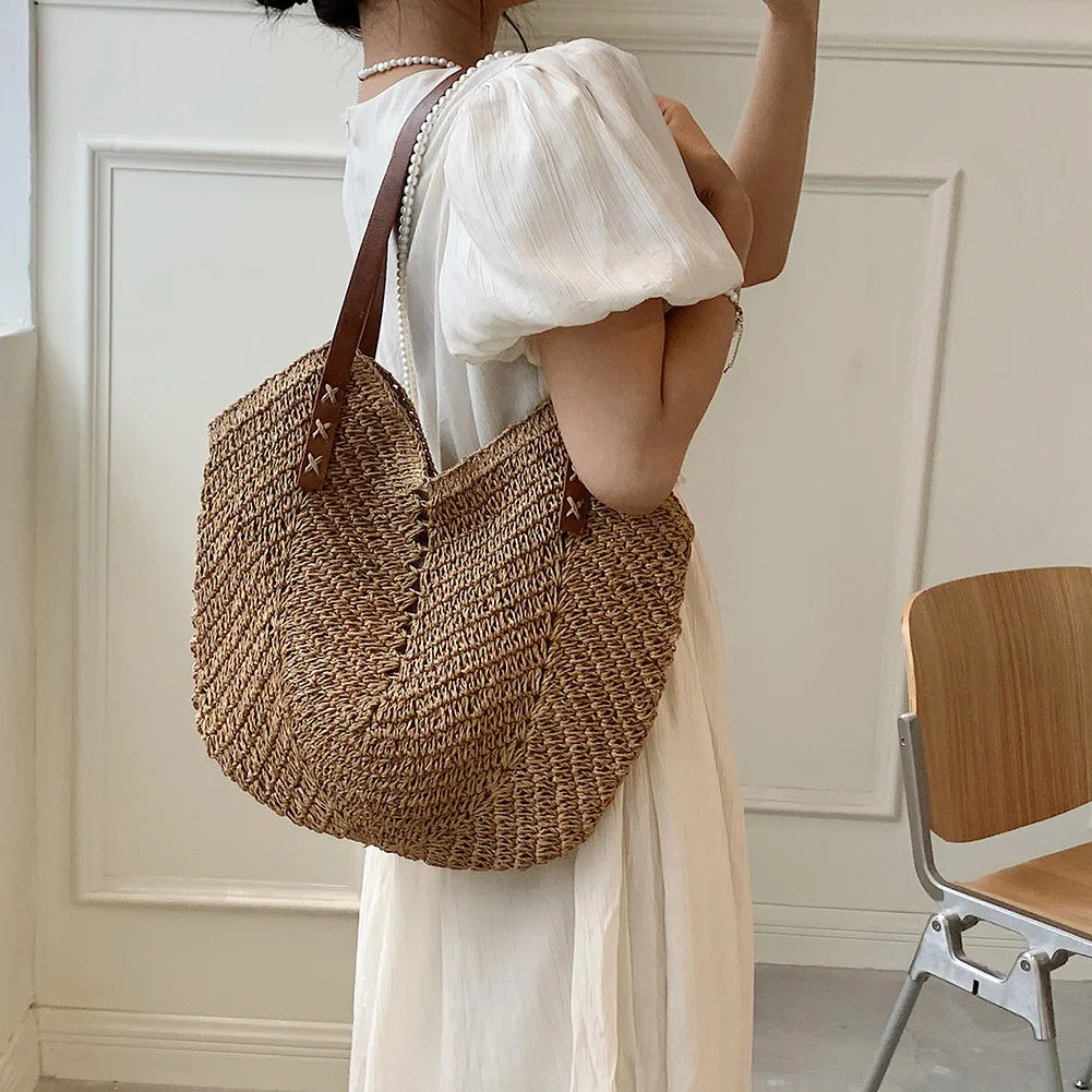 Bolsa de palha de verão tecida à mão para mulheres elegante bolsa de férias de praia bolsa de ombro de grande capacidade