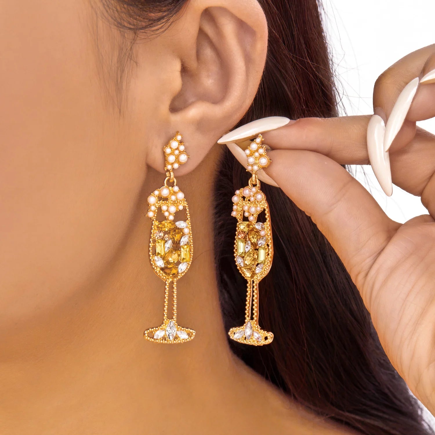 Brincos de vidro de vinho limão vintage para mulheres temperamento luz luxo incrustado strass pérola brincos meninas festa jóias presentes